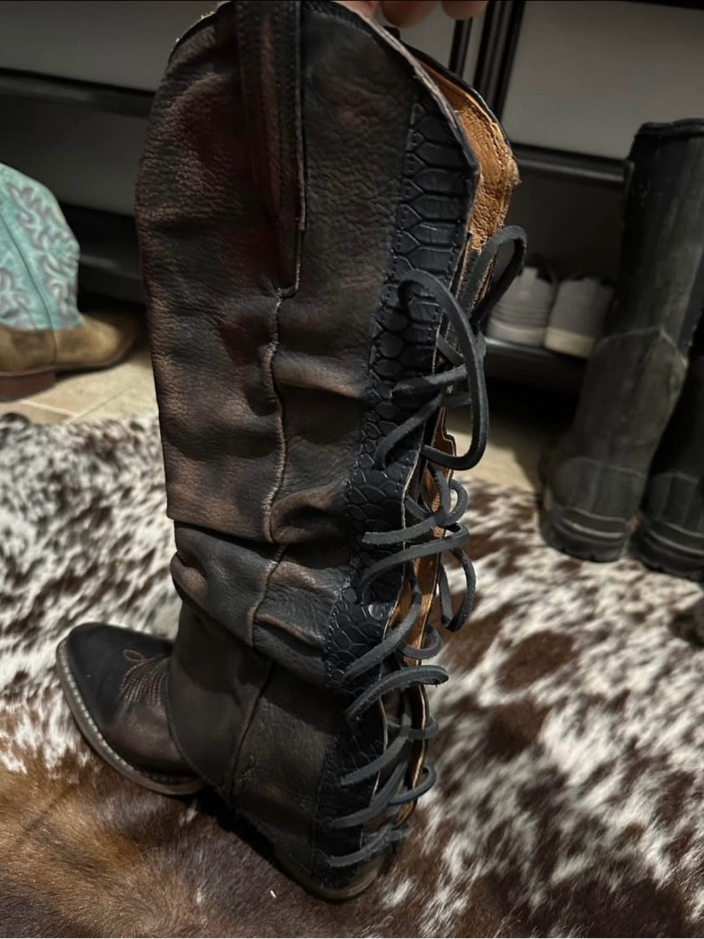 freebird Black Lace-Up Western Boots with Brown Interior Trim